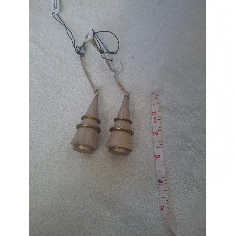 Crate & Barrel Wood and Brass Christmas Tree Ornaments Set of2 Minimalist Modern